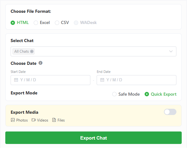 WAExport WhatsApp chat export tool with format, date, media and export mode options